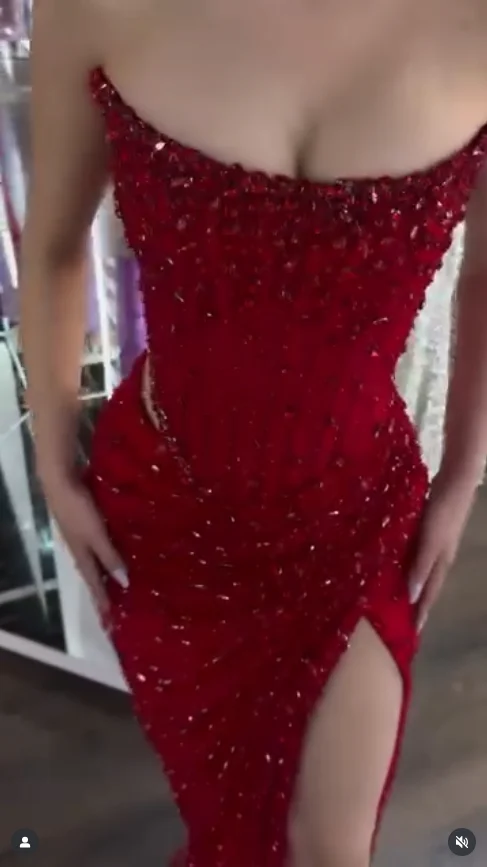 Customized Red Rhinestones Side Split Mermaid Prom Dress Cut-out Sleeveless Floor-Length Formal Evening