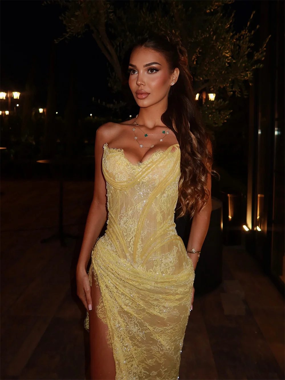 Customized Yellow Mermaid Lace Embroidery Prom Dresses Sequins Sleeveless Side High Split Formal Evening