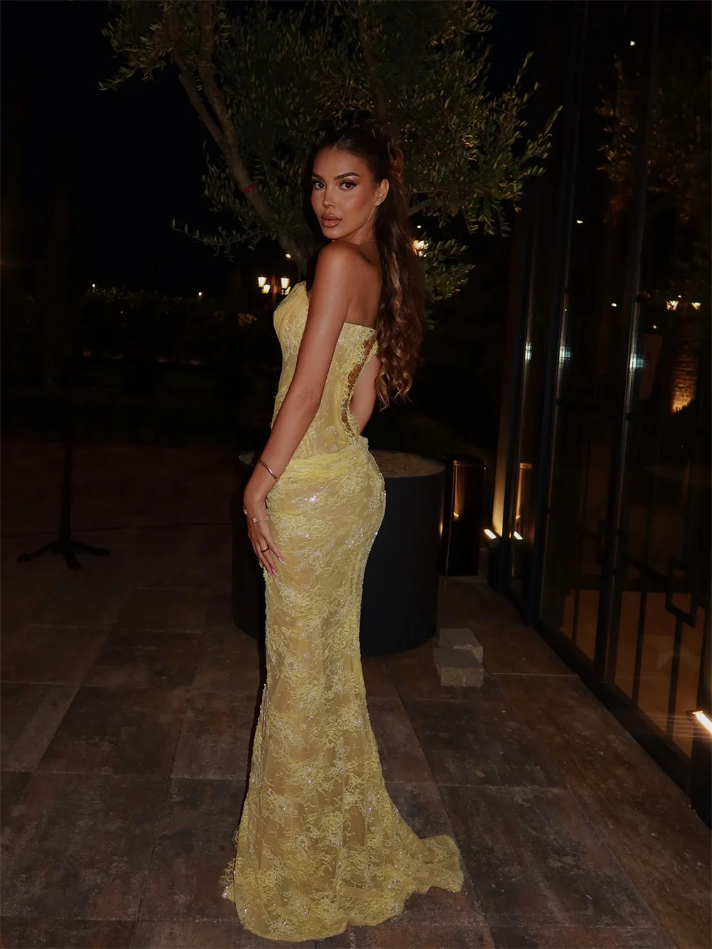 Customized Yellow Mermaid Lace Embroidery Prom Dresses Sequins Sleeveless Side High Split Formal Evening