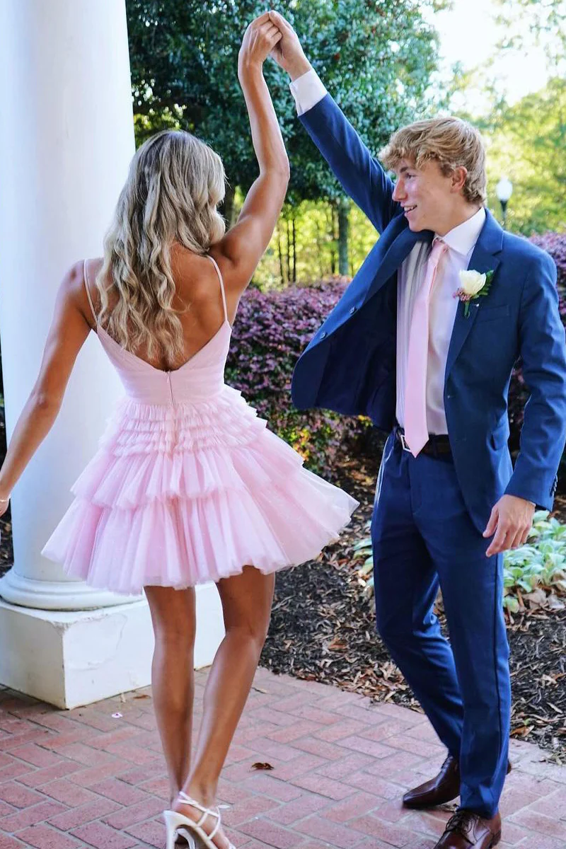 Cute A-Line Pink Tiered Tulle Short Homecoming Dresses