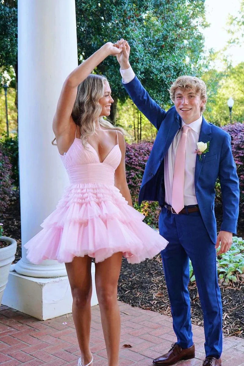 Cute A-Line Pink Tiered Tulle Short Homecoming Dresses