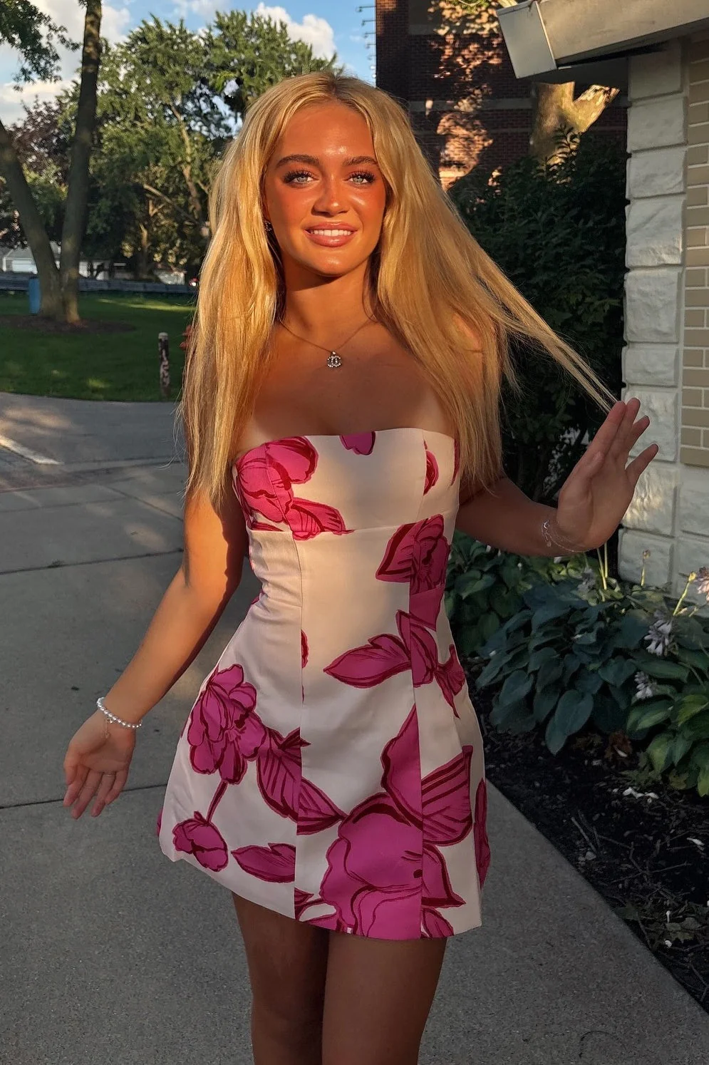 Cute A-Line Strapless Pink Floral Printed Short Homecoming Dress