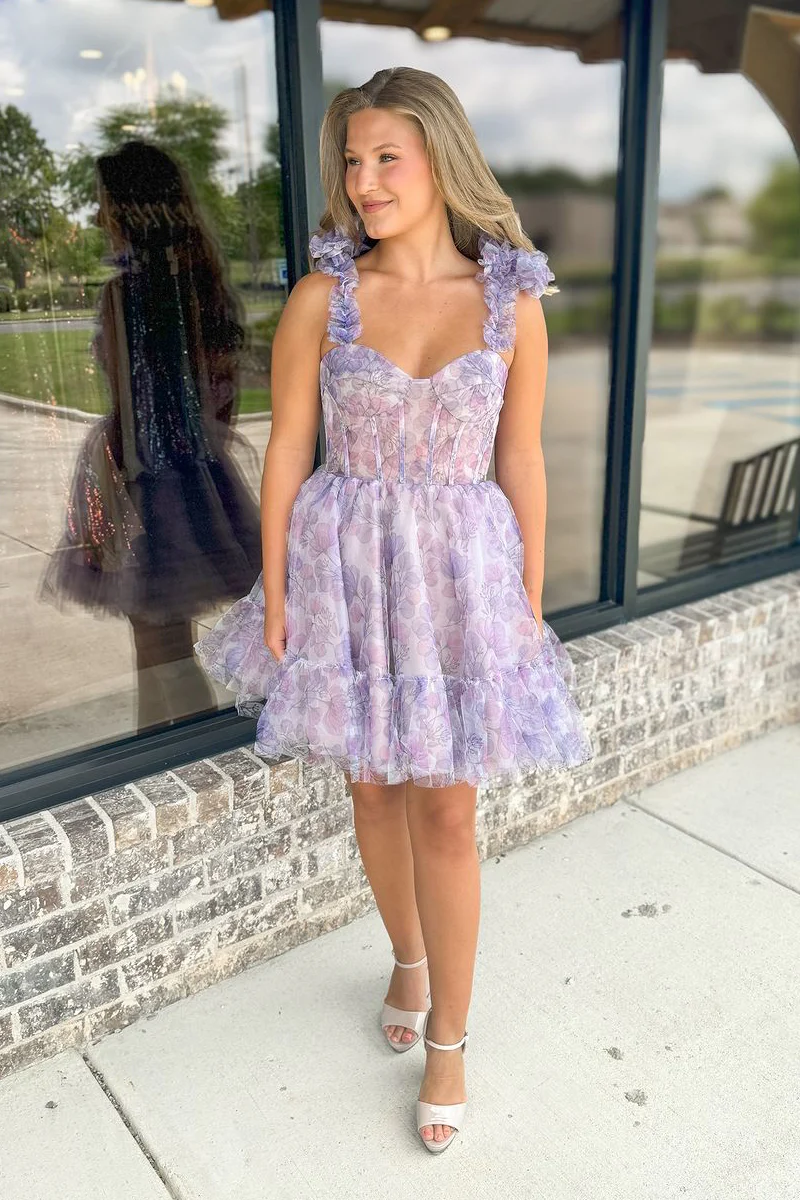 Cute A-Line Sweetheart Lilac Floral Printed Short Homecoming Dresses