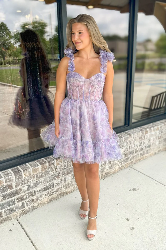 Cute A-Line Sweetheart Lilac Floral Printed Short Homecoming Dresses