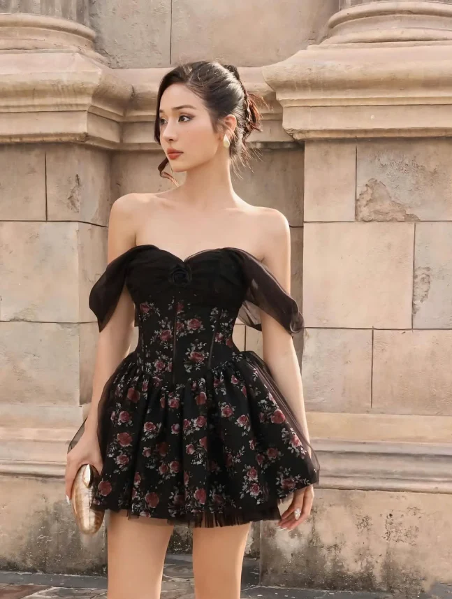 Cute A Line Off the Shoulder Print Floral Satin Tulle Short Homecoming Dress Birthday Dress