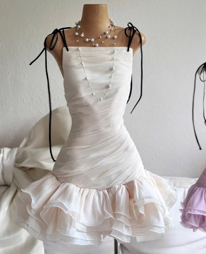 Cute A Line Spaghetti Strap Ivory Chiffon Short Homecoming Dress Birthday Dress