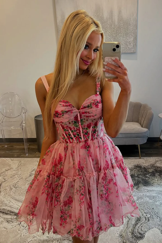 Cute A Line Sweetheart Pink Floral Chiffon Short Homecoming Dress