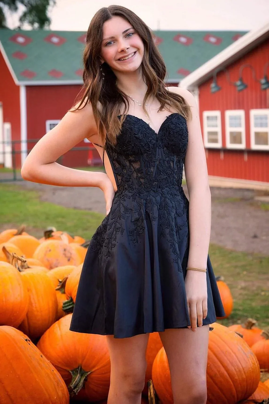 Cute A Line V Neck Black Satin Short Homecoming Dresses with Appliques