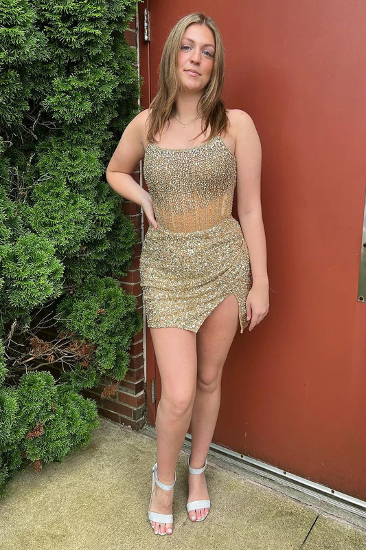 Cute Bodycon Gold Sequins Homecoming Dresses with Beaded