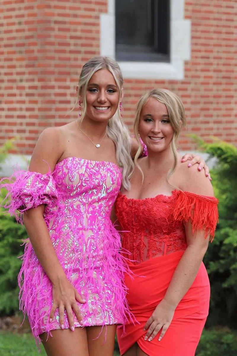 Cute Bodycon Strapless Hot Pink Sequins Homecoming Dresses with Feather