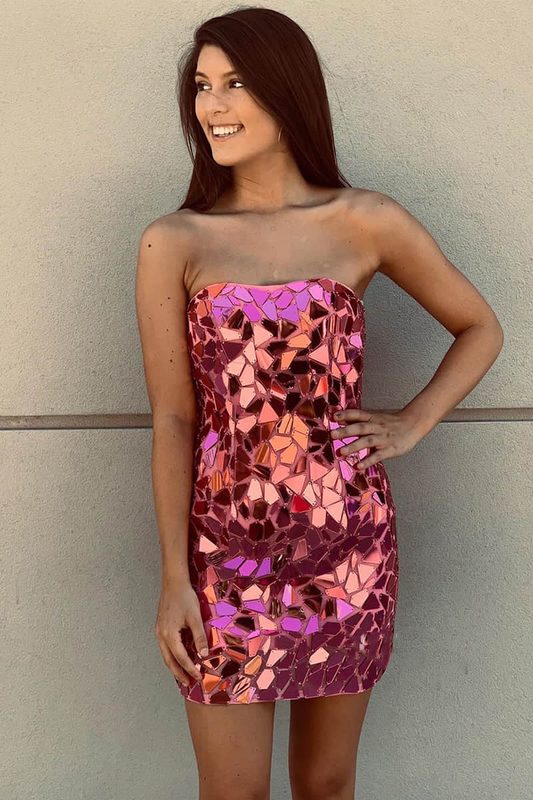 Cute Bodycon Strapless Pink Beaded Short Homecoming Dresses