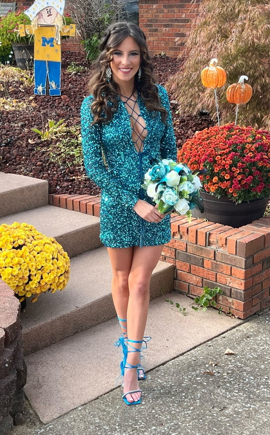 Cute Bodycon V Neck Dark Green Sequins Short Homecoming Dresses with Straps