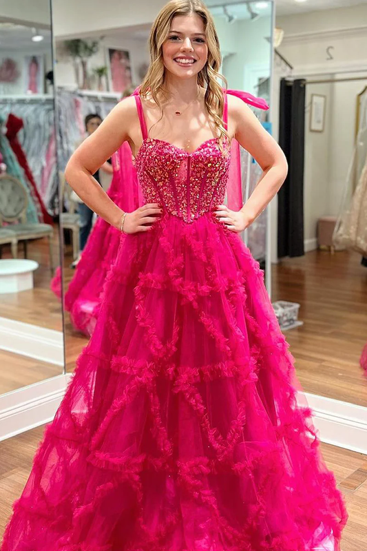 Cute Fuchsia Sweetheart A-Line Tulle Long Prom Dresses