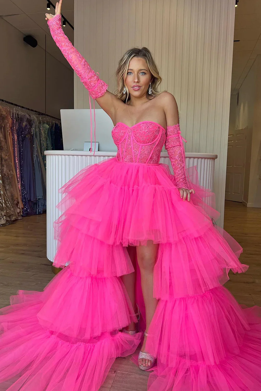 Cute Hot Pink High Low Detachable Sleeves Tiered Tulle Homecoming Dress with Lace