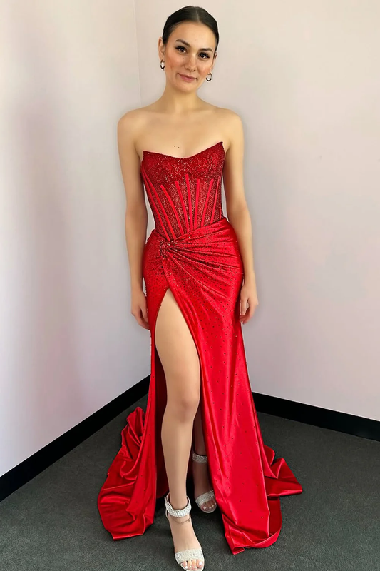Cute Mermaid Sweetheart Satin Hot Stone Beading Prom Dress with Slit