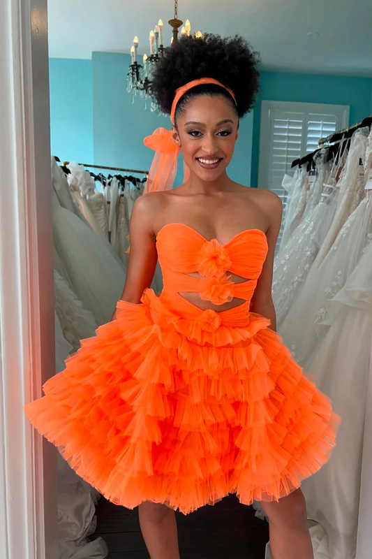 Cute Orange Sweetheart Tiered Tulle Short Homecoming Dresses