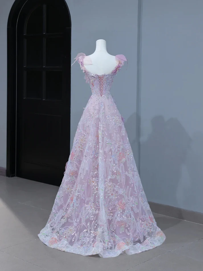 Cute Prom Dresses Aesthetic A Line Spaghetti Straps Pink Floral Inspiration Style Impress Corset Fitted Long Party Formal Gown