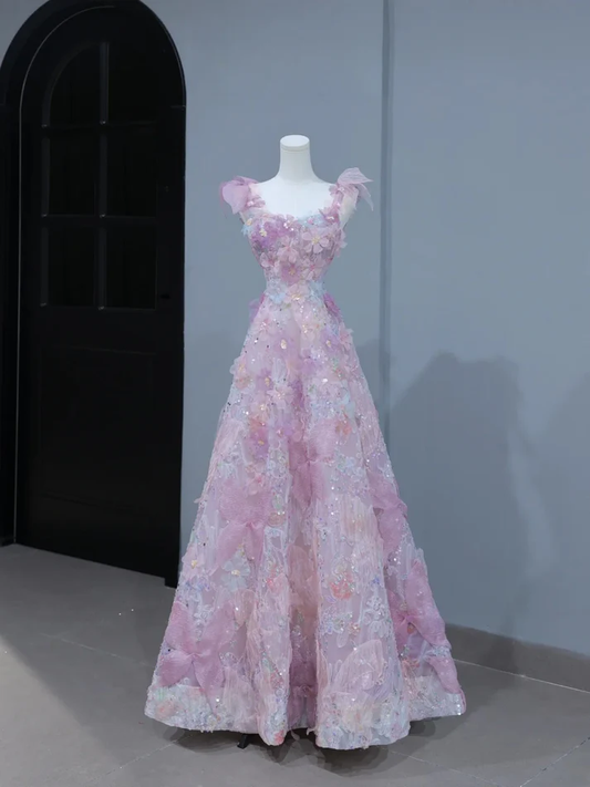 Cute Prom Dresses Aesthetic A Line Spaghetti Straps Pink Floral Inspiration Style Impress Corset Fitted Long Party Formal Gown