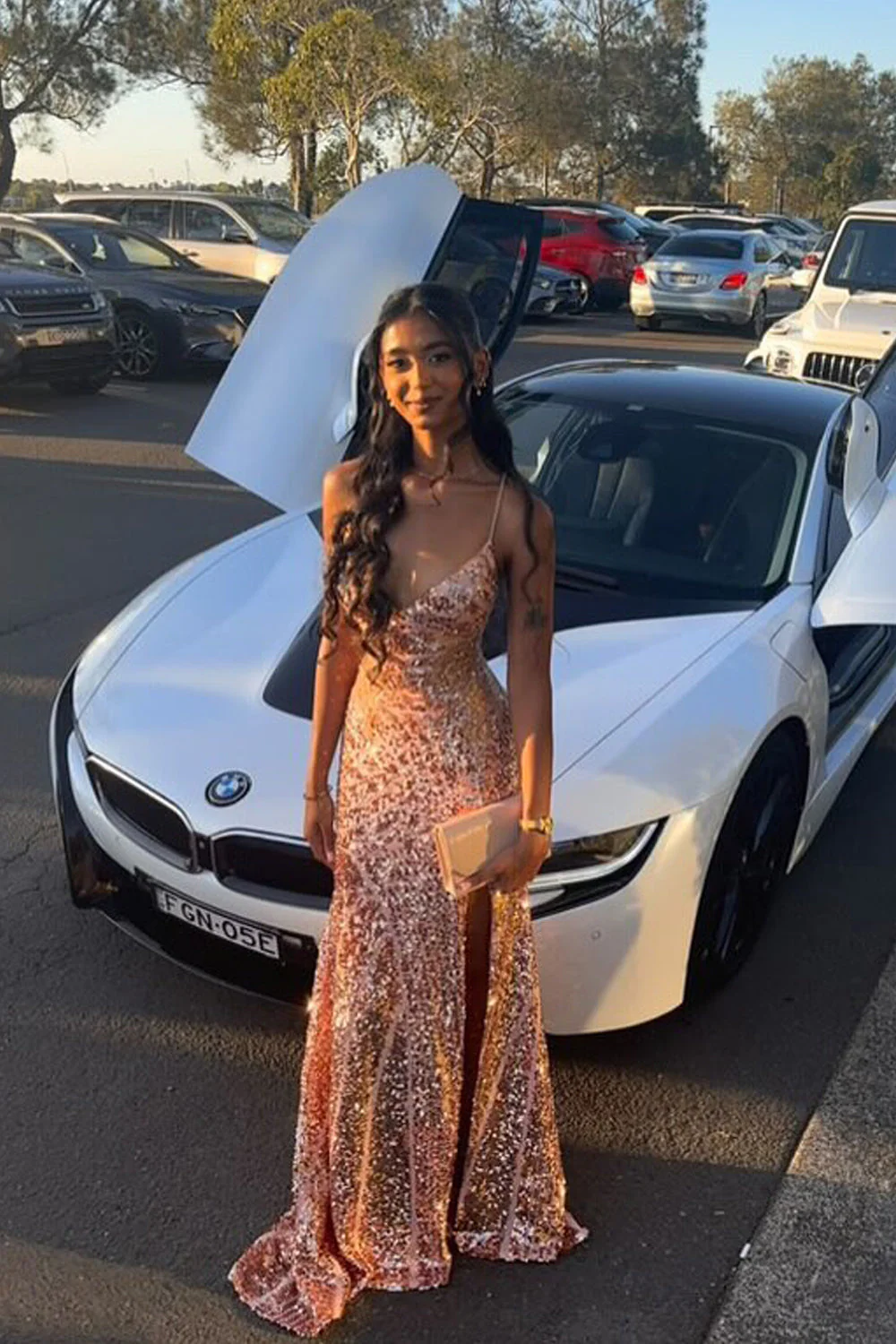 Cute Sparkly Mermaid V Neck Blush Gold Sequins Prom Dress with Slit