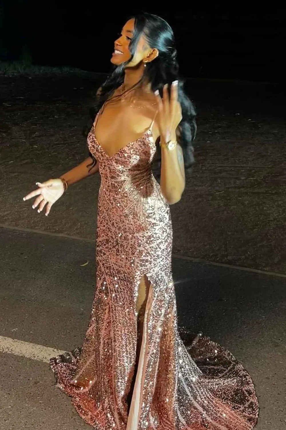 Cute Sparkly Mermaid V Neck Blush Gold Sequins Prom Dress with Slit