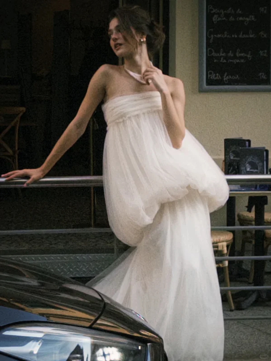 Cute Unique Mermaid Strapless White Tulle Long Wedding Dress