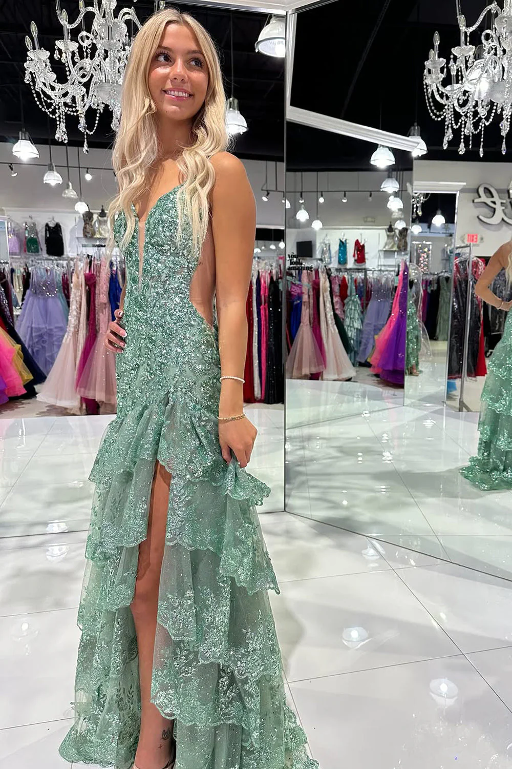 Cute V Neck Sage Green Slit Prom Dress with Sequins Appliques