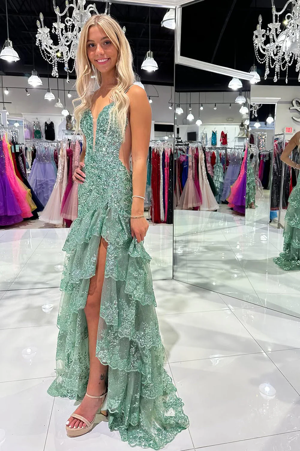 Cute V Neck Sage Green Slit Prom Dress with Sequins Appliques