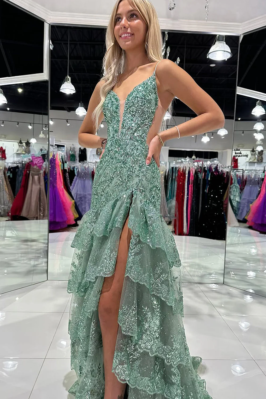Cute V Neck Sage Green Slit Prom Dress with Sequins Appliques