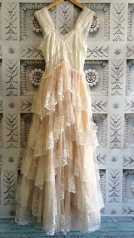 Cute Vintage Lace Champagne Prom Dresses Tulle Evening Party Dress