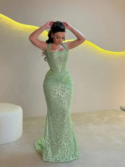 Design Fashion Mint Green Charming Halter Evening Dress Luxury Sexy Pearls Beading Stunning Mermaid Prom Dresses