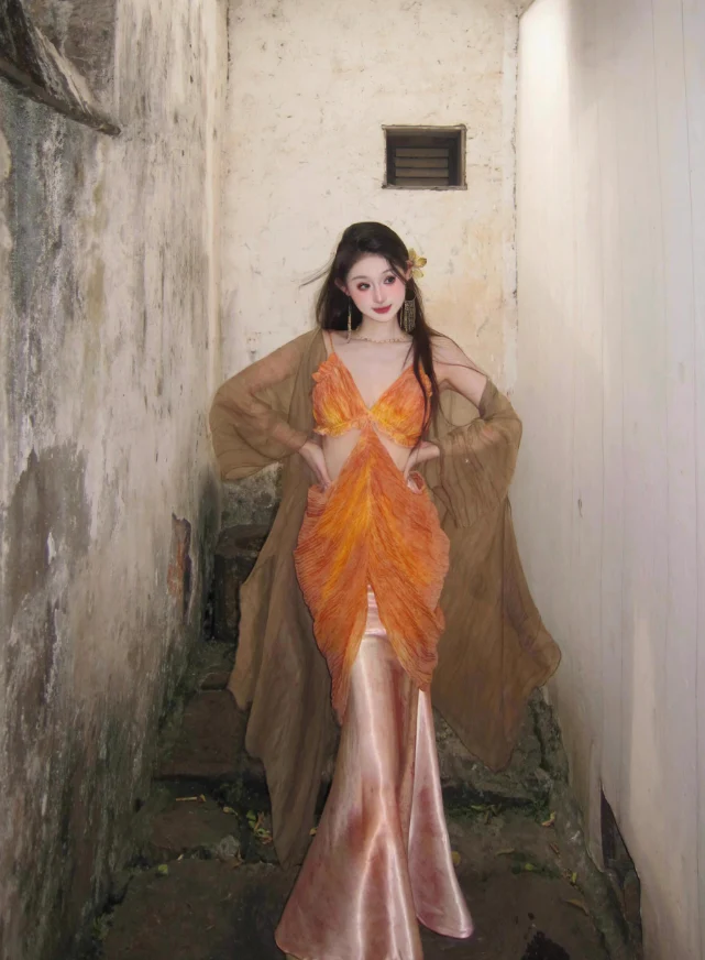 Dreamy Mermaid Spaghetti Straps Orange Satin Chiffon Long Prom Dress Evening Dress