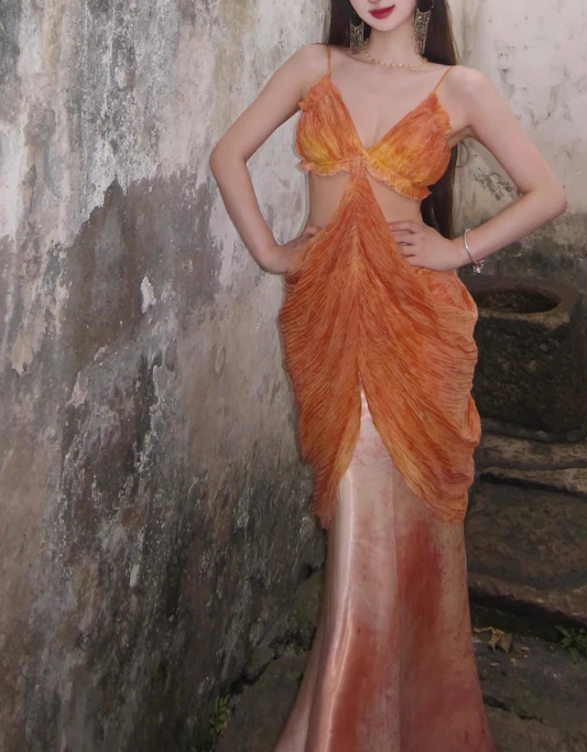 Dreamy Mermaid Spaghetti Straps Orange Satin Chiffon Long Prom Dress Evening Dress