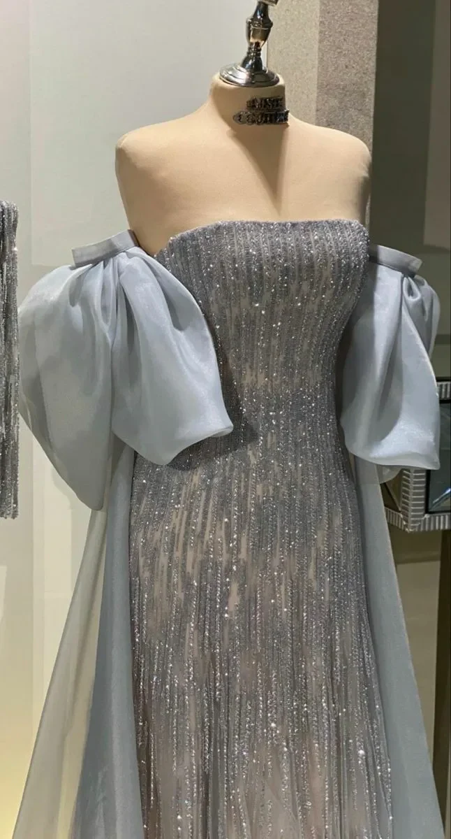 Dusty Blue Tulle Prom Dresses Strapless Floor Length Special Occasion Evening Dress