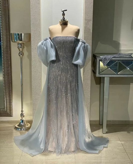 Dusty Blue Tulle Prom Dresses Strapless Floor Length Special Occasion Evening Dress