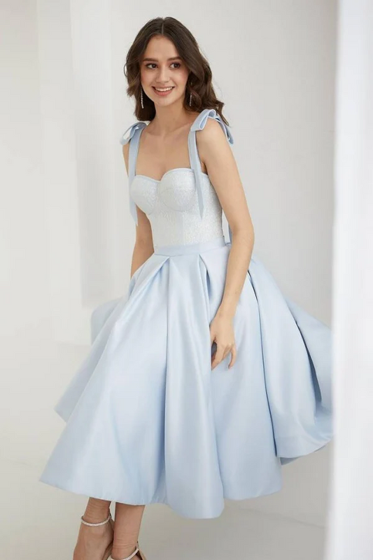 Elegant A-Line Sweetheart Neck Straps Sequins Tea Length Satin Prom Dress Evening Gown Formal Party Dress