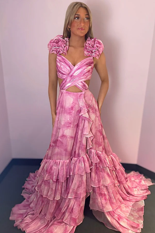 Elegant A-Line Sweetheart Neck Straps Sleeveless Pleated Flower Prom Dress High Side Slit and Train Open Back Zipper Evening Gown