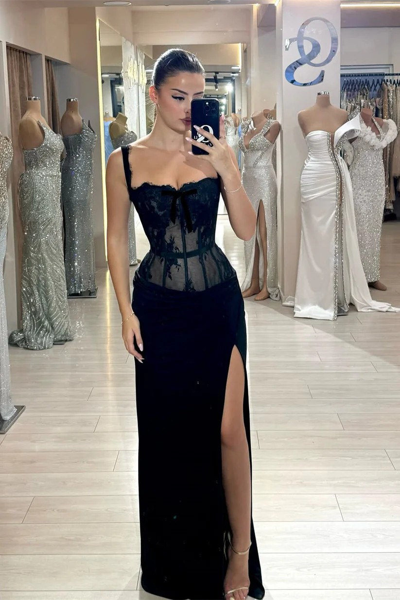 Elegant Black Spaghetti-Strap Sleeveless Mermaid Prom Dresses Lace High Split With Pleats