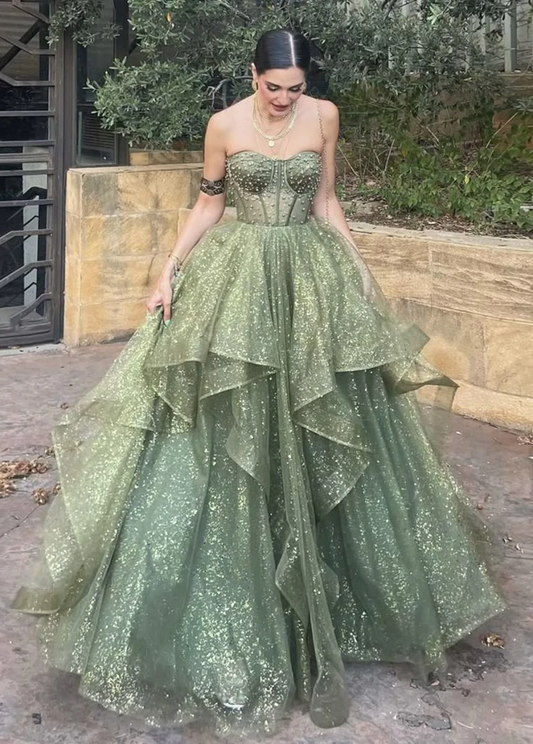 Elegant Green Ball Gown Strapless With Beads Tulle For Women Party Dresses Formal Prom Dress Inspo 22th Birthday Gown