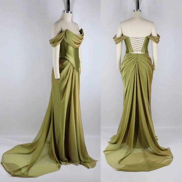 Elegant Green Satin Pleated Party Dress,Off The Shoulder Mermaid Evening Dress Bridesmaid Dress