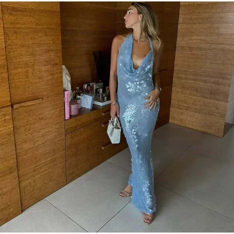 Elegant Light Blue Sequin Sheath Mermaid Evening Dress Halter Party Dress