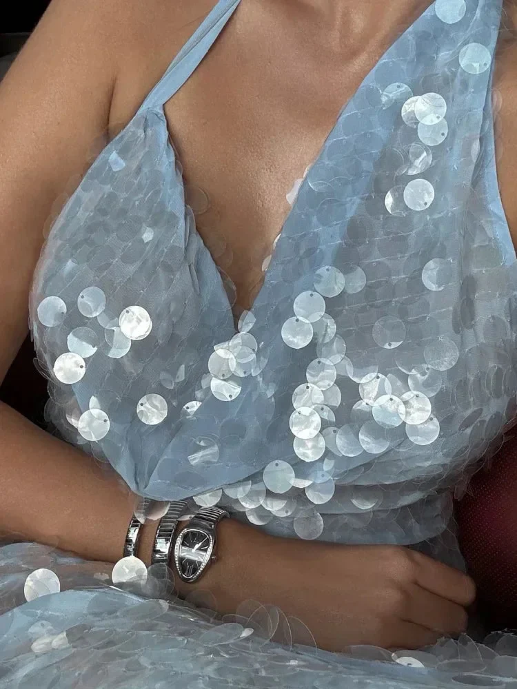 Elegant Light Blue Sequin Sheath Mermaid Evening Dress Halter Party Dress