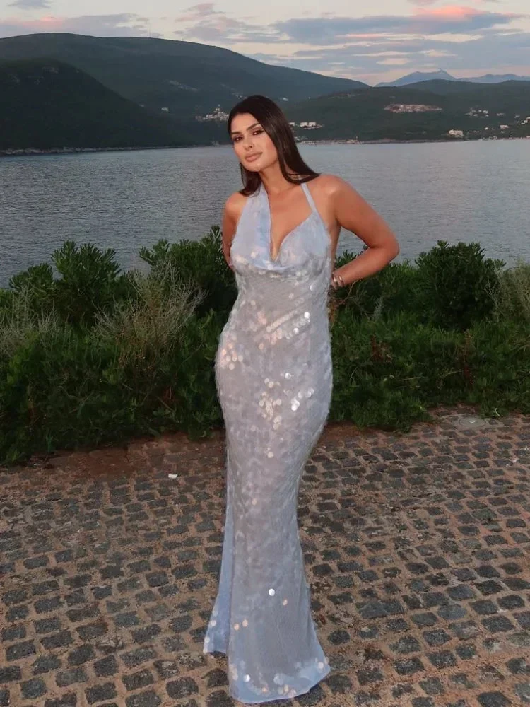 Elegant Light Blue Sequin Sheath Mermaid Evening Dress Halter Party Dress