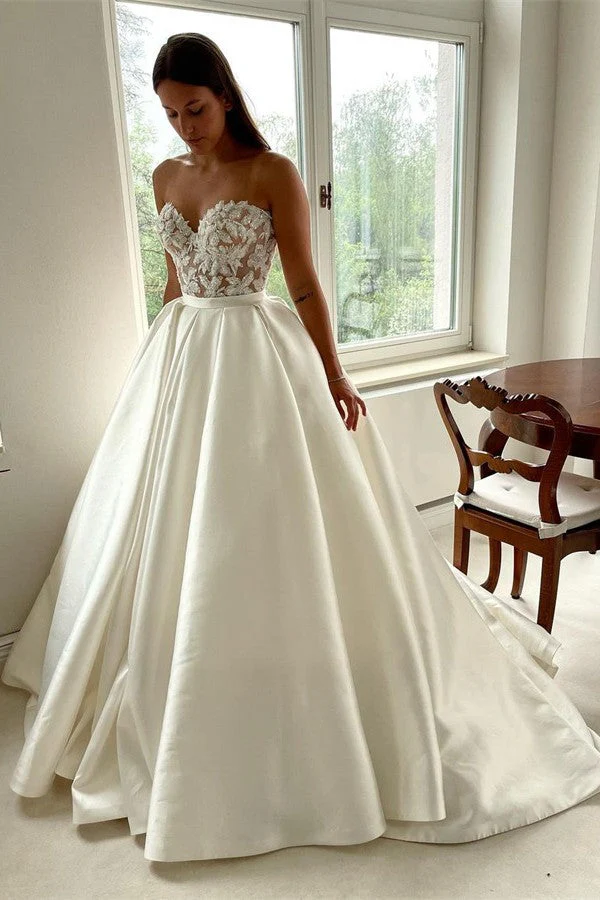 Elegant Long A-line Sweetheart Lace Satin Wedding Dresses