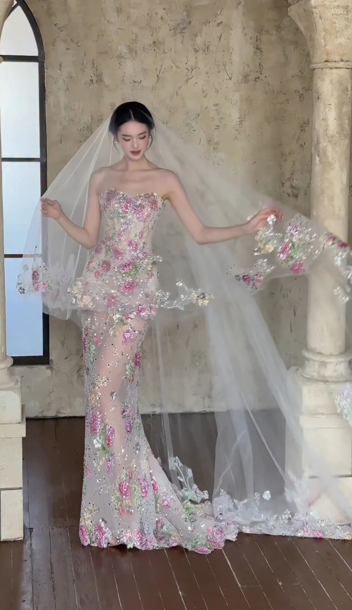Elegant Mermaid Sweetheart Floral Lace With Veil For Women Party Dresses Formal Prom Dress Inspo 22th Birthday Gown