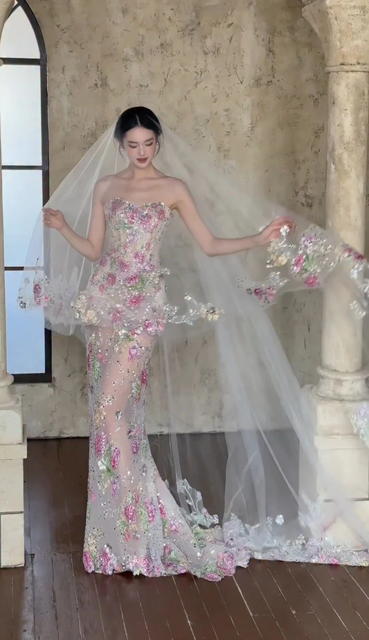 Elegant Mermaid Sweetheart Floral Lace With Veil For Women Party Dresses Formal Prom Dress Inspo 22th Birthday Gown