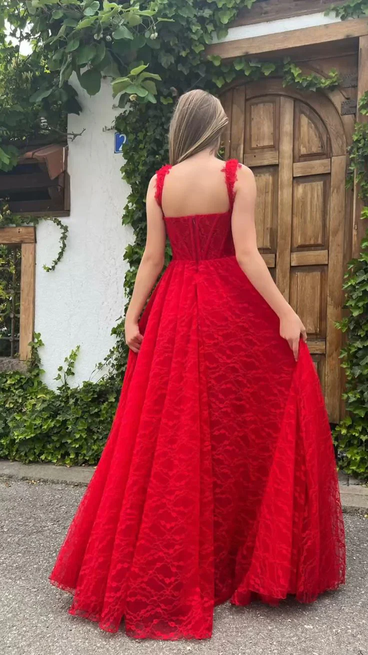 Elegant Red Lace Prom Dress Sweetheart Neck Side Slit High Waist A Line Formal Wedding Party Evening Dress