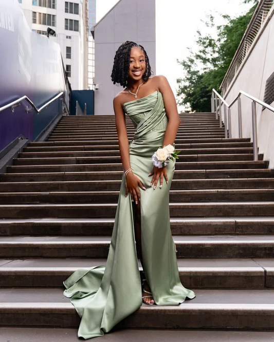Elegant Sheath Strapless Sage Green Slit Long Prom Dresses Party Dress 18th Birthday Outfits Graduation Dresses