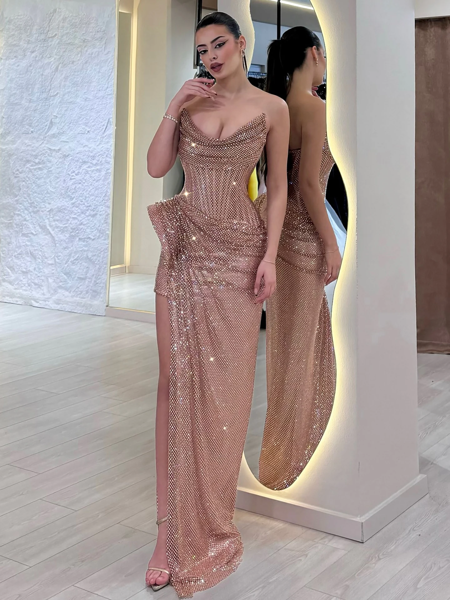 Evening Dress Rose Gold Saudi Arabic Luxury Beaded High Split Gowns for Formal Occasion 2026 Customized