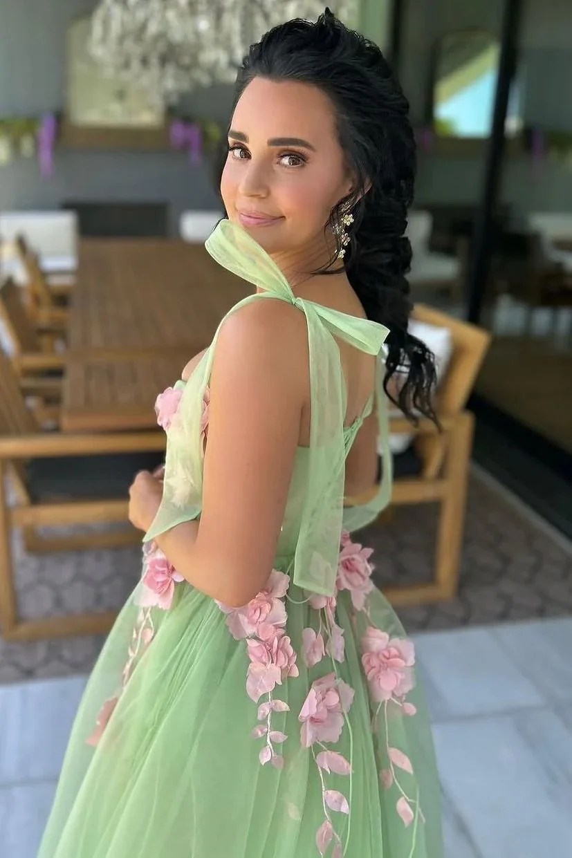 Fairy A Line Sweetheart Sage Green Tulle Long Prom Dress with Appliques