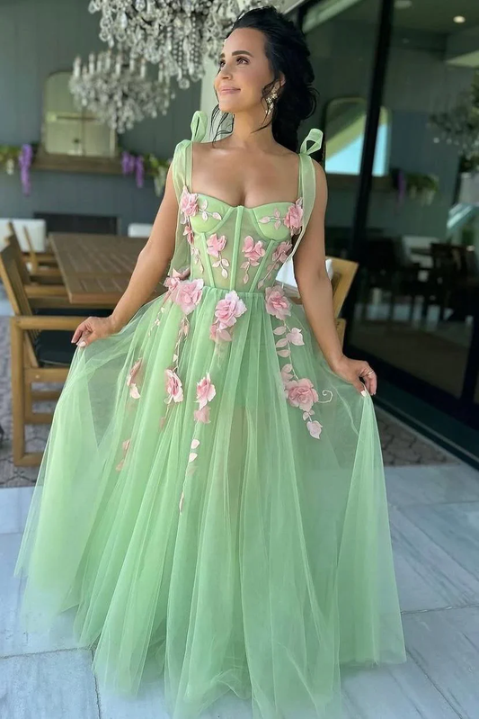 Fairy A Line Sweetheart Sage Green Tulle Long Prom Dress with Appliques